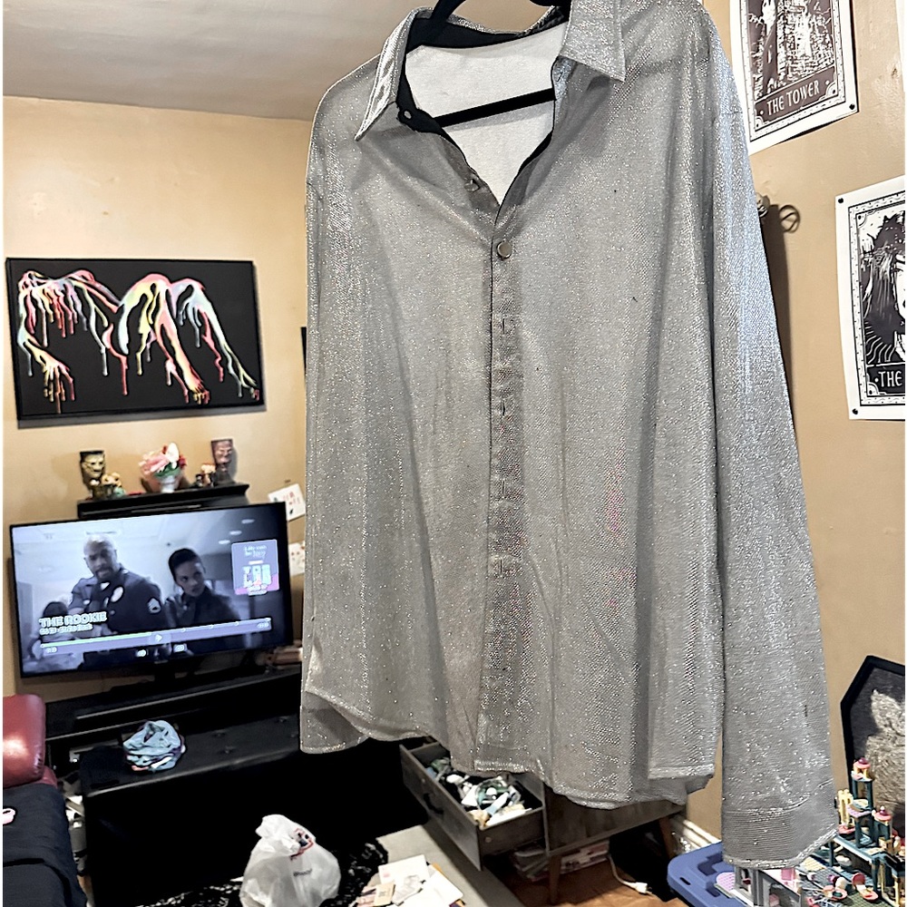 Plus size, light silver, sparkly AF, long sleeve silver button dress shirt.